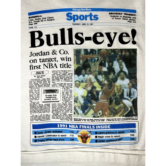 VTG 1991 NBA Chicago Bulls Michael Jordan Newspaper Print Shirt - Picture 12 of 14
